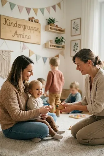 Mutter begleitet Kind bei der Eingewöhnung in der Kindergruppe Amina