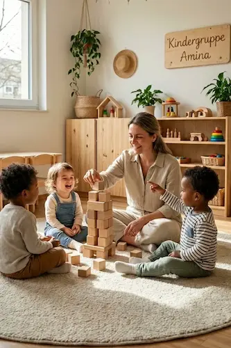 Pädagogin beim Spielen mit Kindern in der Kindergruppe Amina